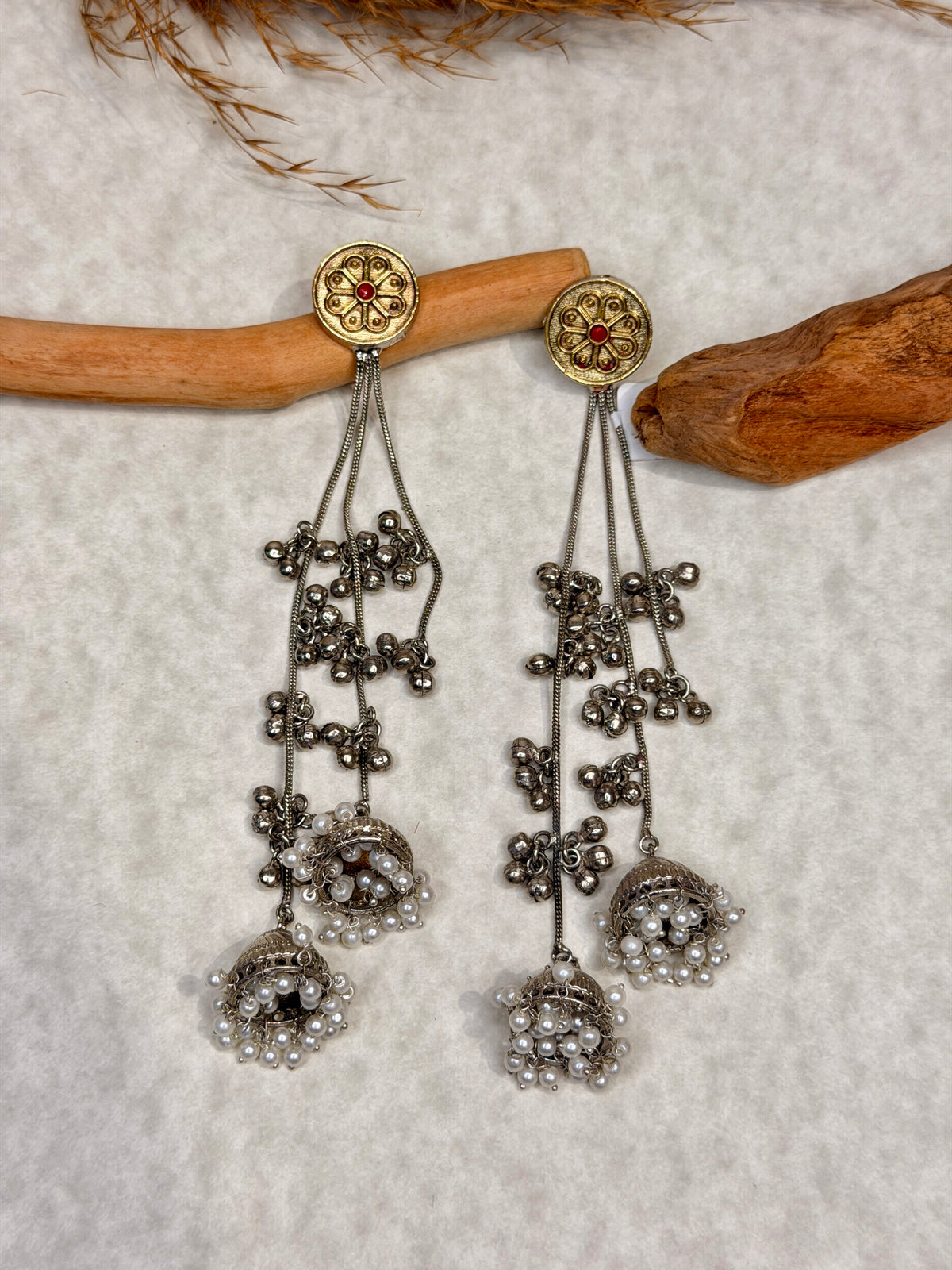 Dual-Tone Antique Floral Long Dangle Earrings