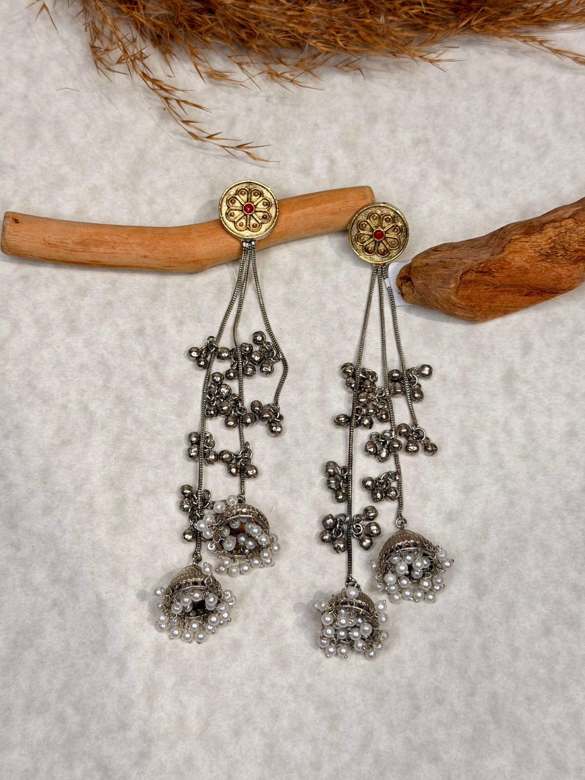 Dual-Tone Antique Floral Long Dangle Earrings