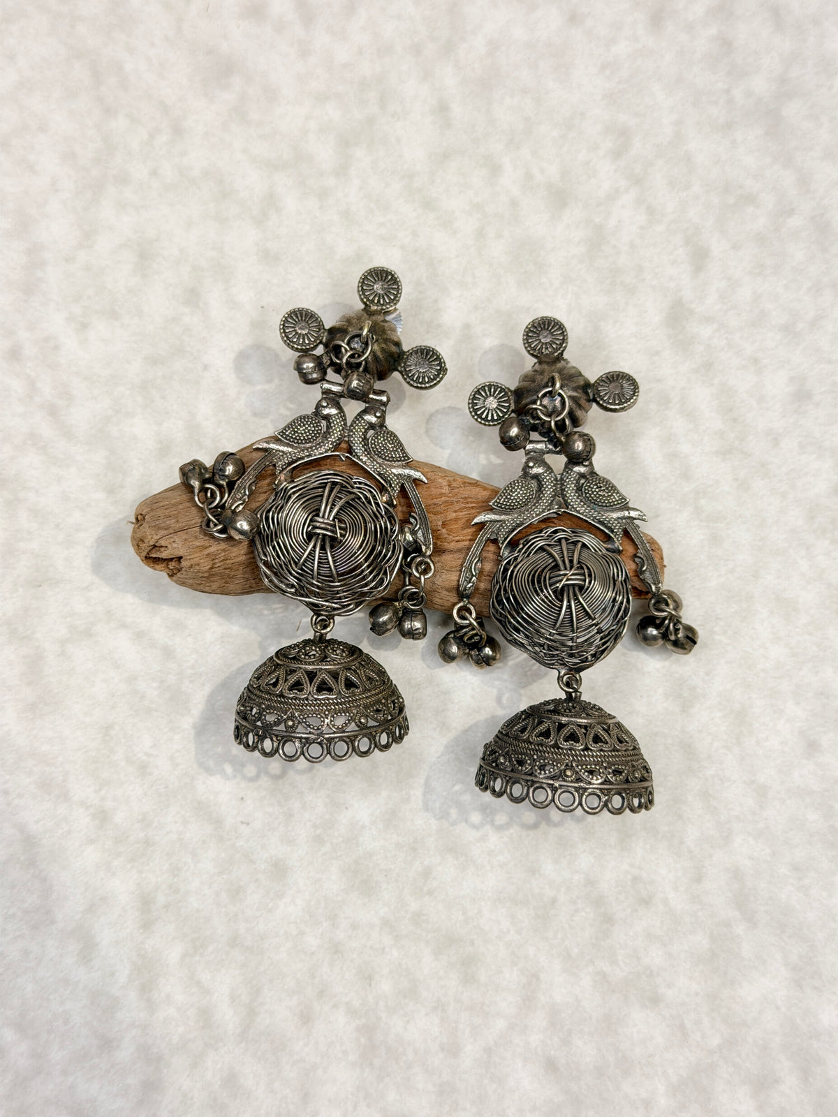 Oxidised Silver-Toned Peacock & Filigree Jhumka Earrings