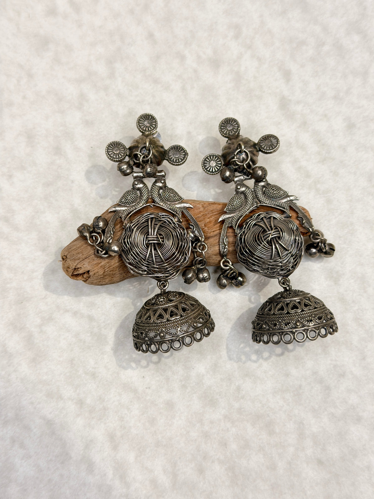 Oxidised Silver-Toned Peacock & Filigree Jhumka Earrings