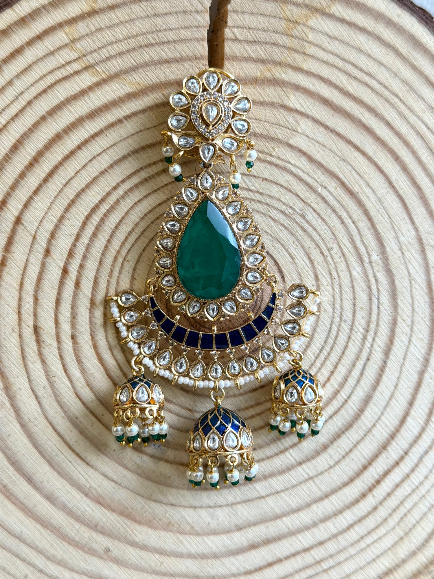Moissanite Chandbali with Pear Emerald & Jhumka Drops