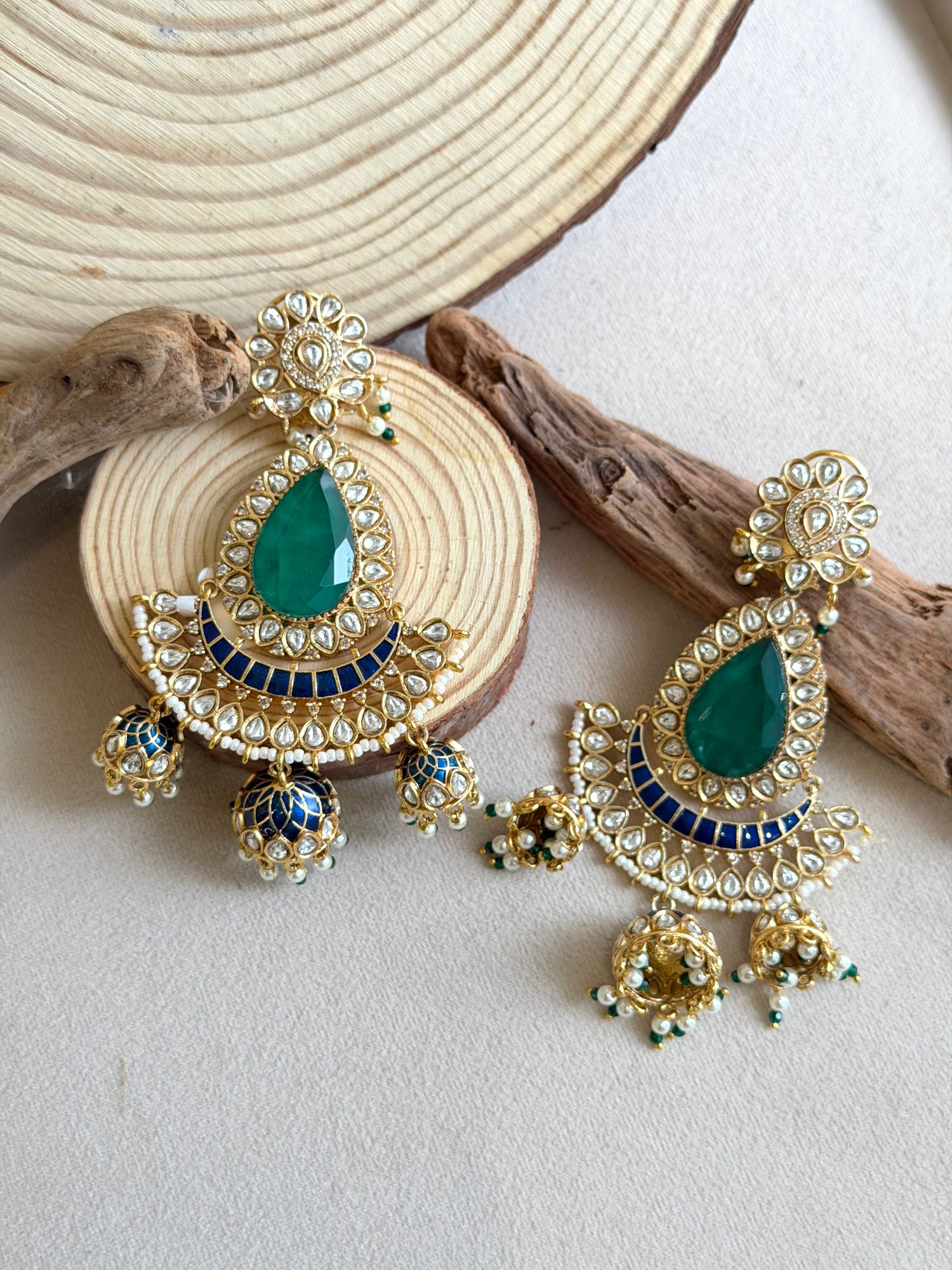 Moissanite Chandbali with Pear Emerald & Jhumka Drops