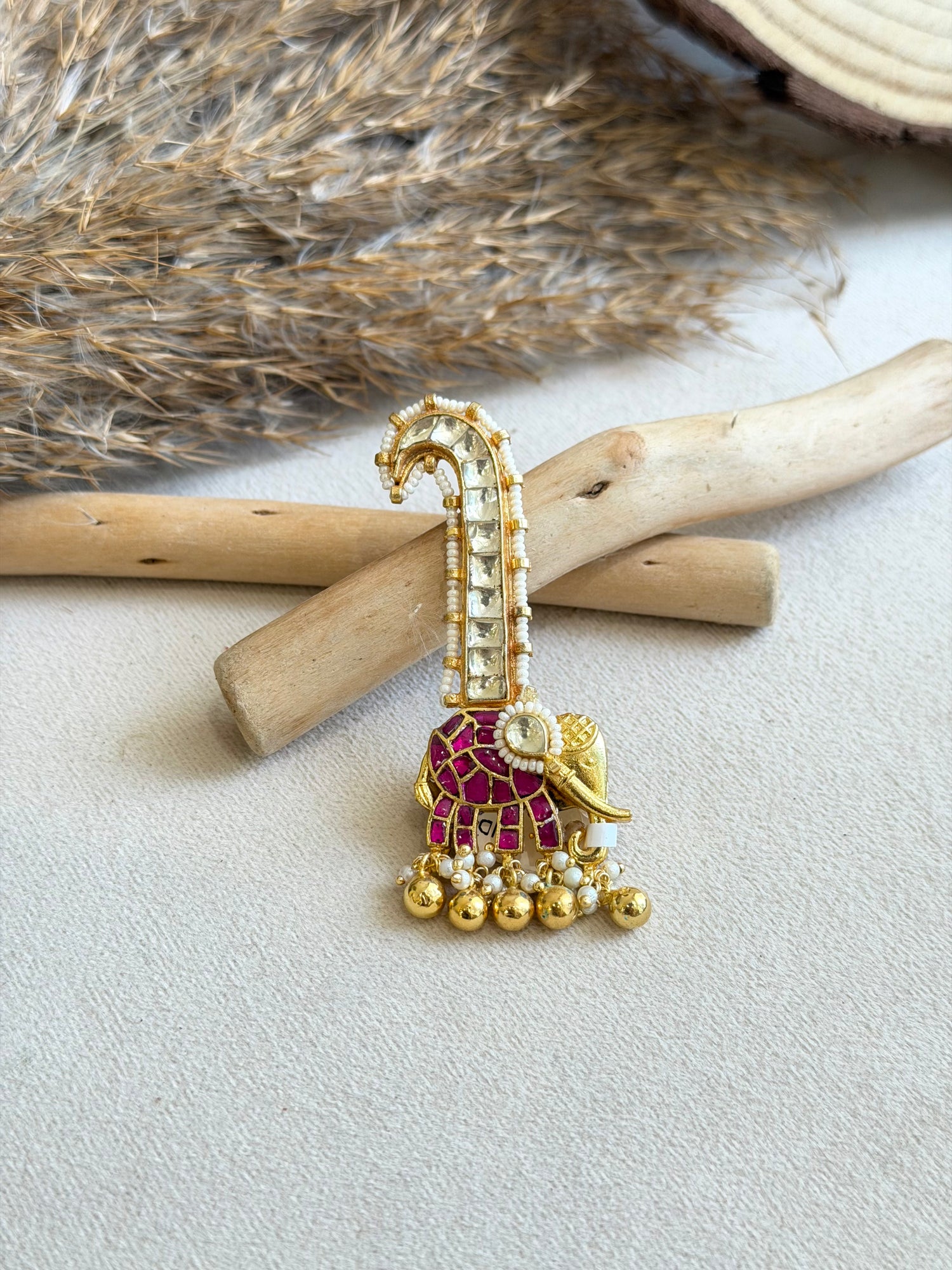 Carved Elephant Jadau Brooch