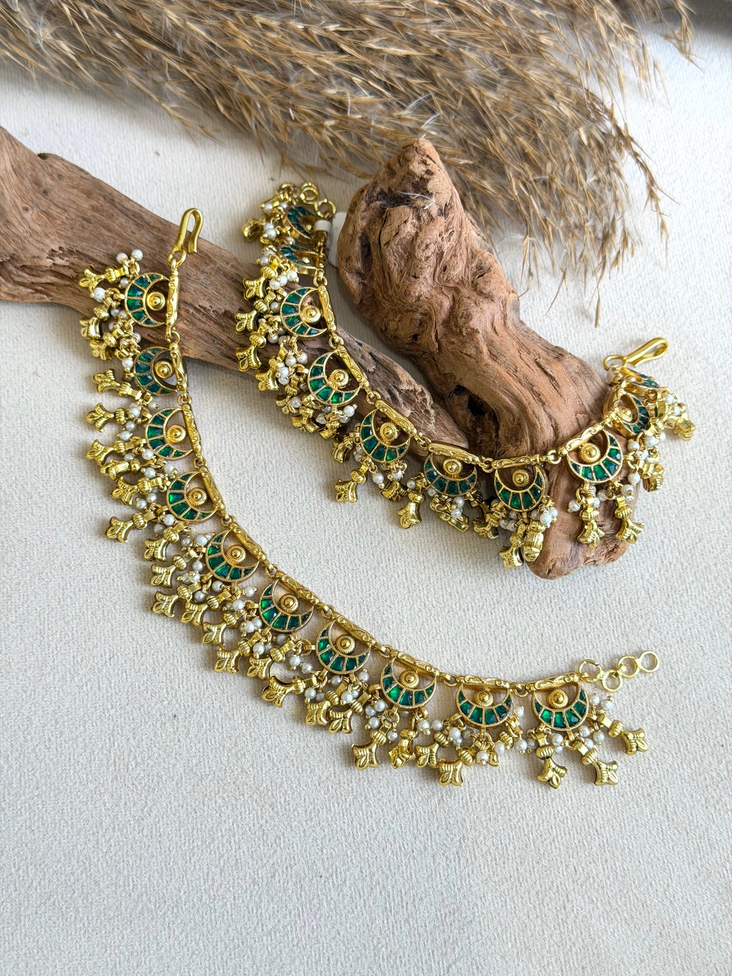 Antique Temple Ear Chains with Emerald Takkar