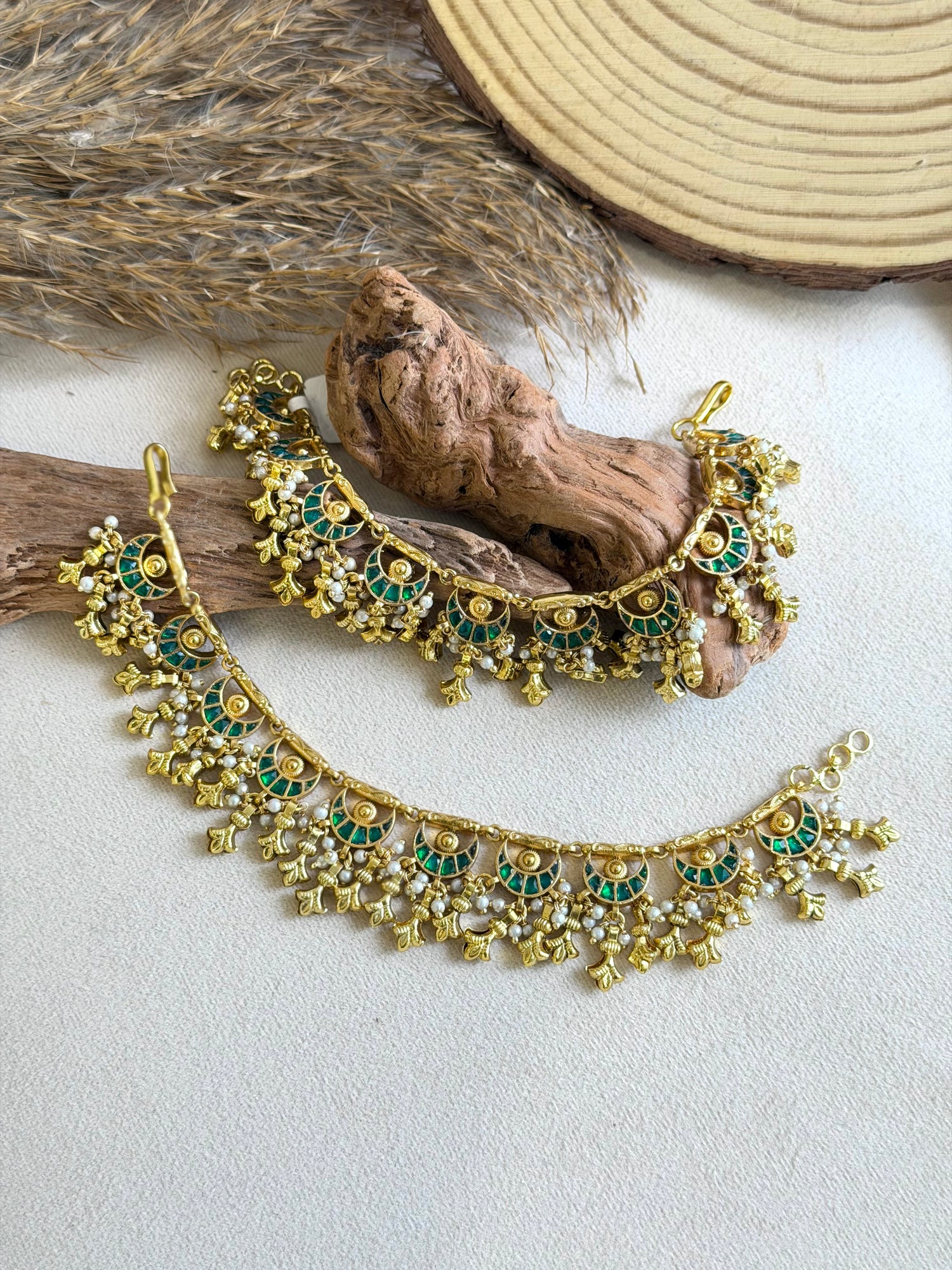 Antique Temple Ear Chains with Emerald Takkar