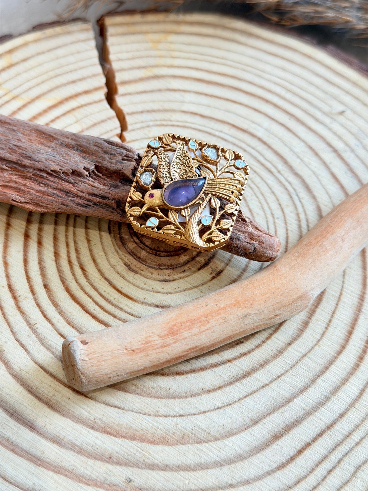 Gold Bird & Floral Square Statement Ring