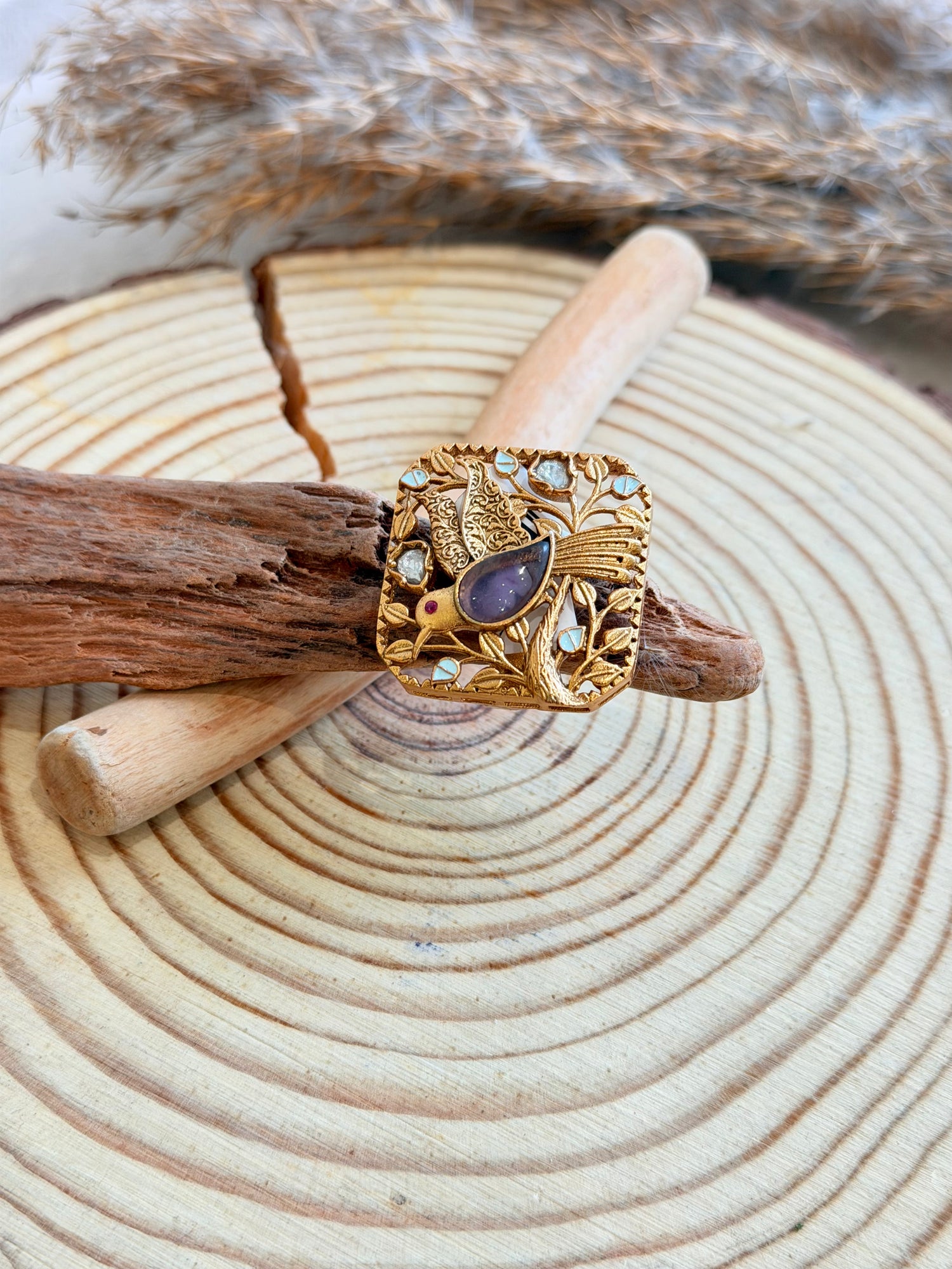 Gold Bird & Floral Square Statement Ring