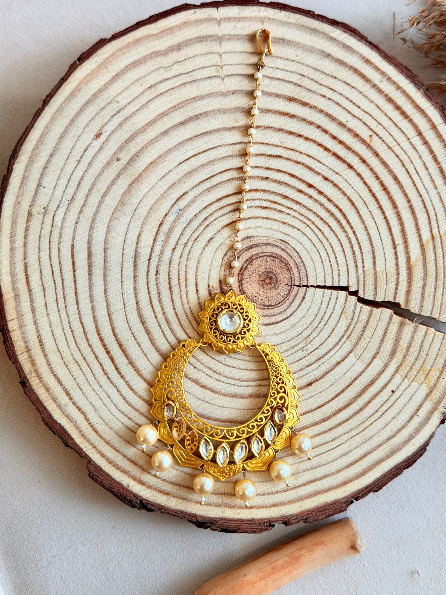 Gold Maang Tikka with Kundan & Pearl Drops