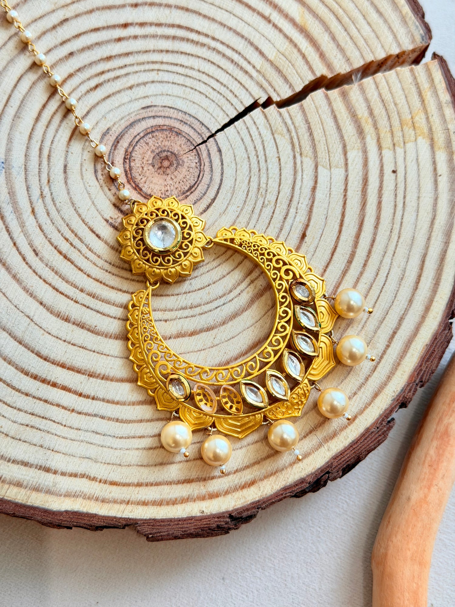 Gold Maang Tikka with Kundan & Pearl Drops